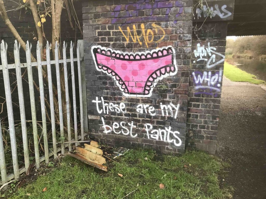 The supporting brick wall on one side of a canal bridge has a grafitti painting of a frilly pair of pink spotted pants on it. In white paint beneath is written "these are my best Pants"